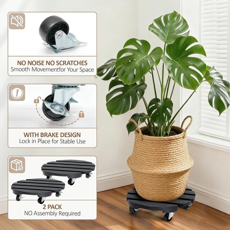 CuffUp 2 Pack Plant Stand with Wheels, Plant Caddies with 360° Lockable Smooth Sliding Wheels Durable Sturdy, Outdoor/Indoor Heavy Duty Rolling Plant Stand for Plant Pot,Flower Pot (11" Black) - Image 3